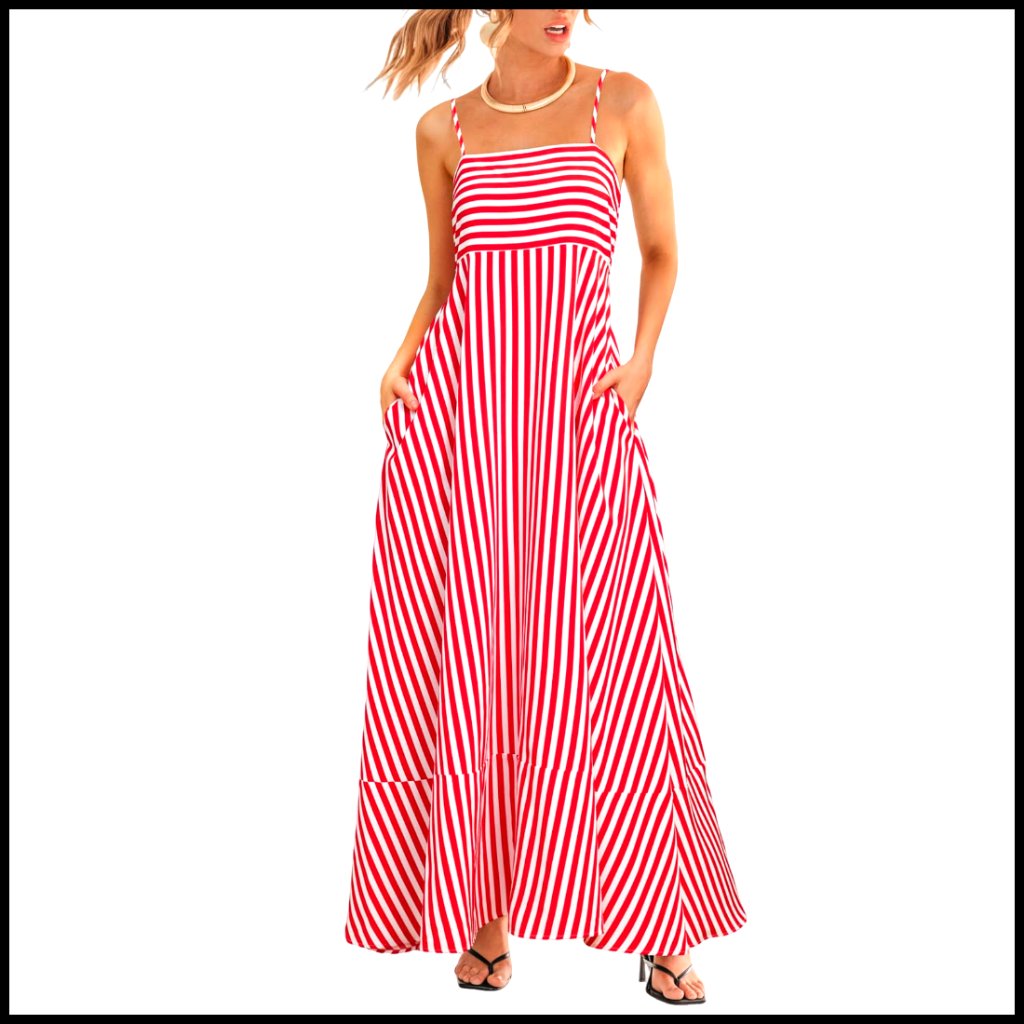 Sleeveless Maxi Dress With Pockets, Square Neck, Adjustable Straps, 100%